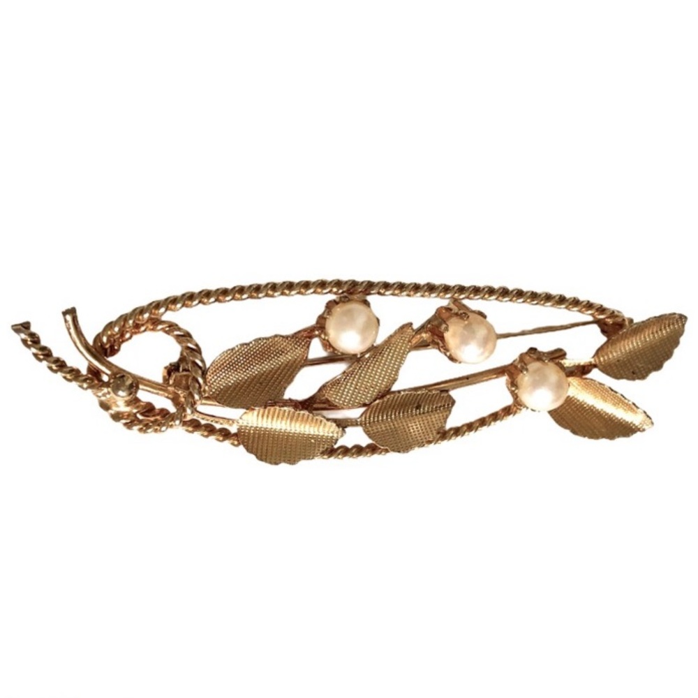 Antique Leaf Brooch Open Work Cut Out Pearls Gold Tone Vintage Midcentury Flaw